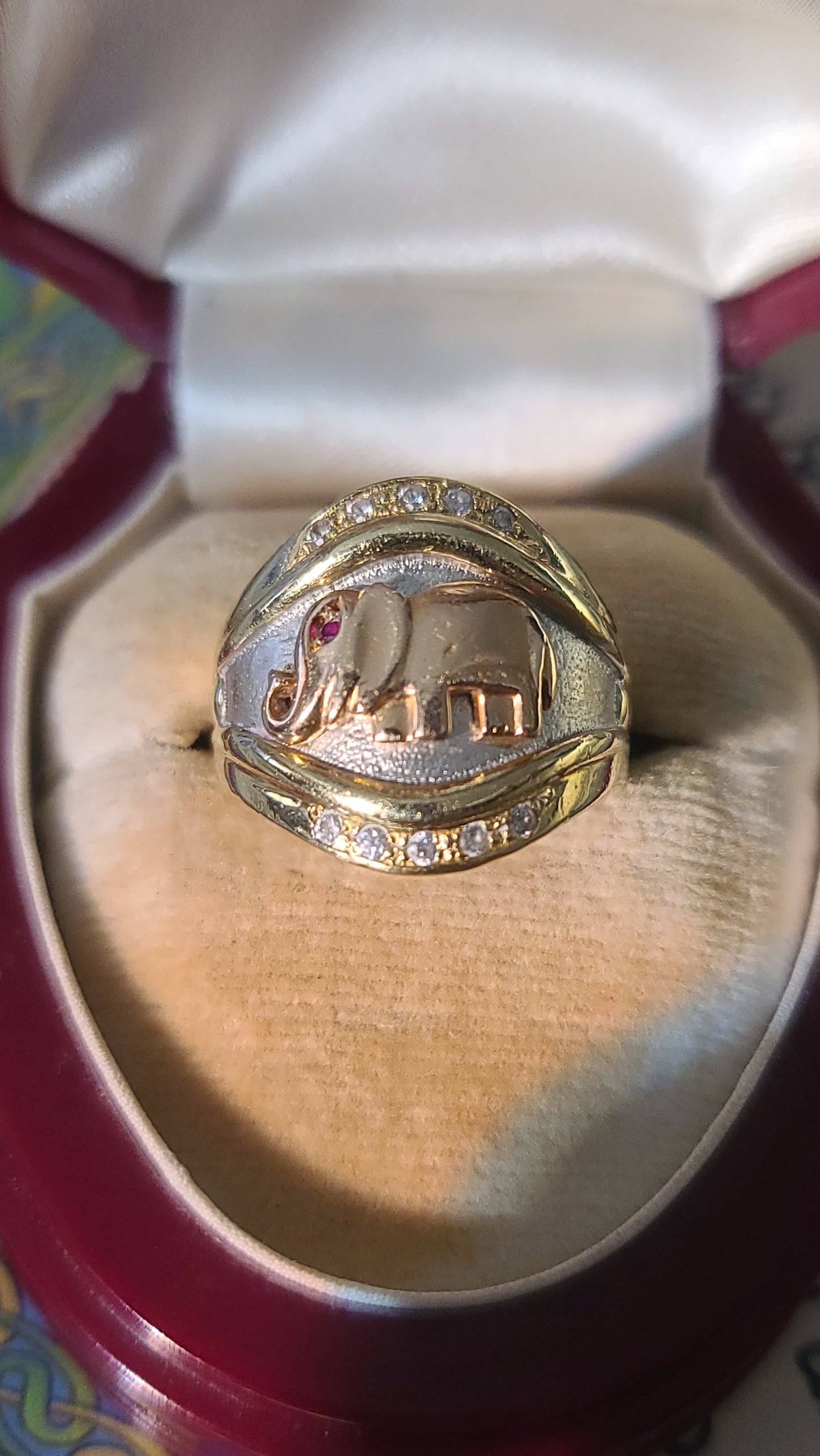 14K Tricolor Elephant Ring with Ruby and Diamonds, Size 7.5 US