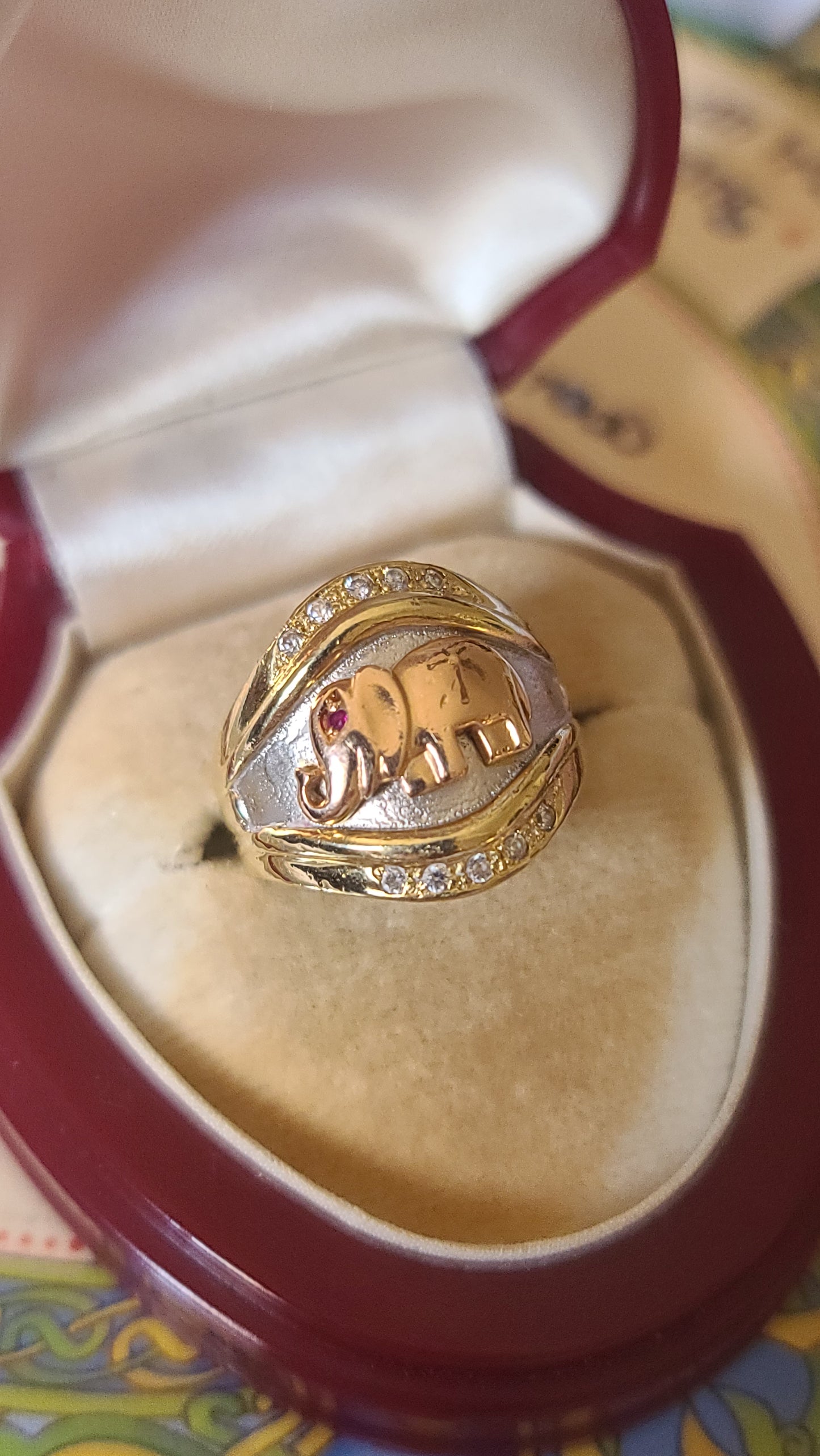 14K Tricolor Elephant Ring with Ruby and Diamonds, Size 7.5 US