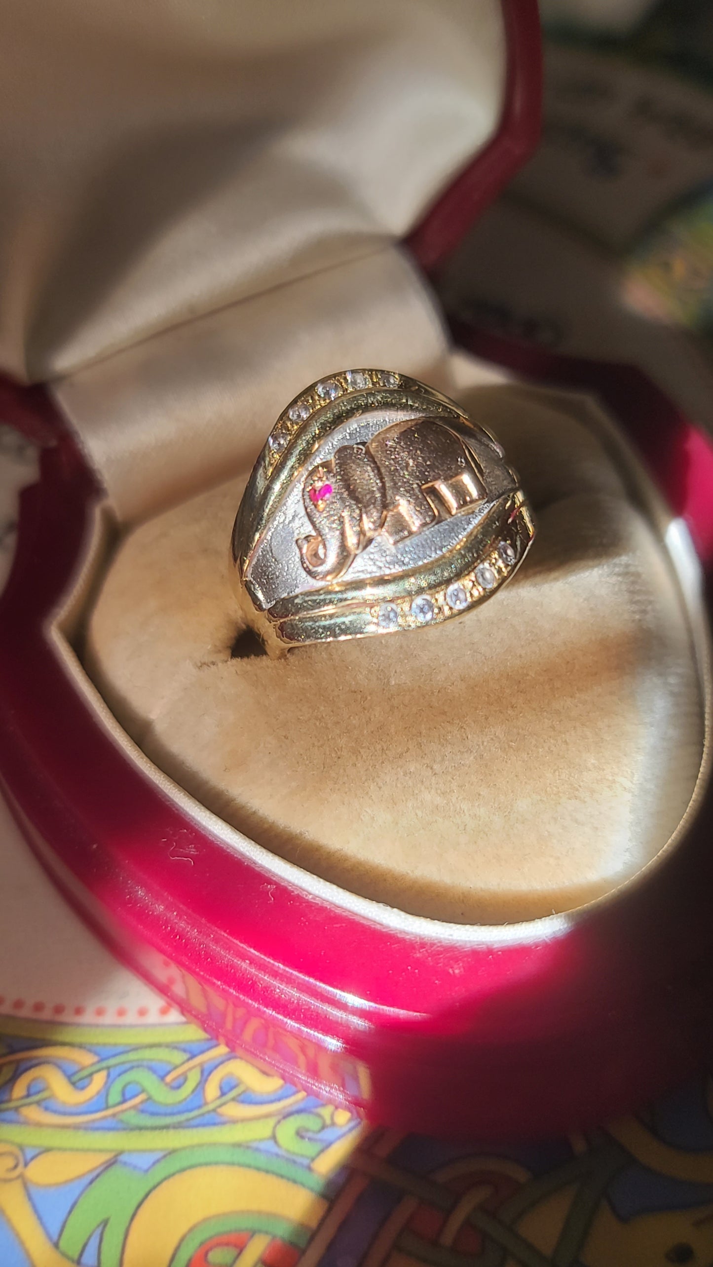 14K Tricolor Elephant Ring with Ruby and Diamonds, Size 7.5 US