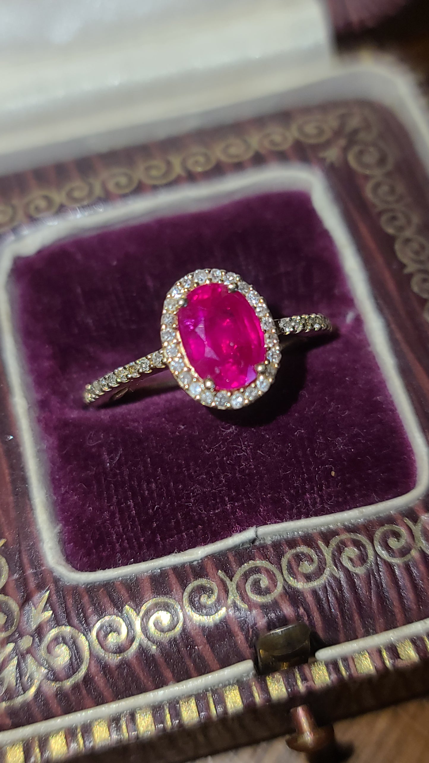 Ruby and Diamond Halo Ring, 14K Yellow Gold, size 5.5 US with Sizer