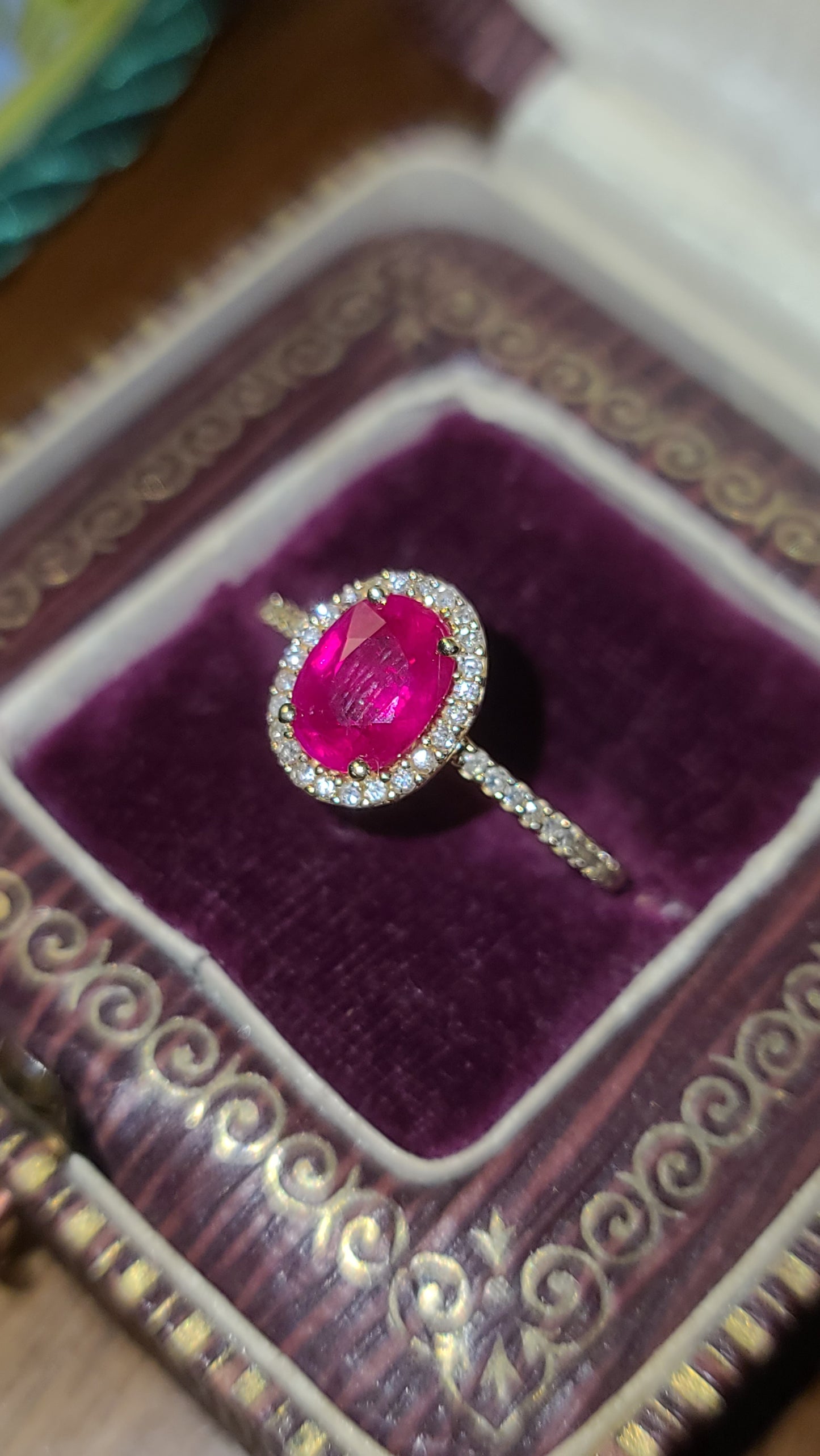 Ruby and Diamond Halo Ring, 14K Yellow Gold, size 5.5 US with Sizer