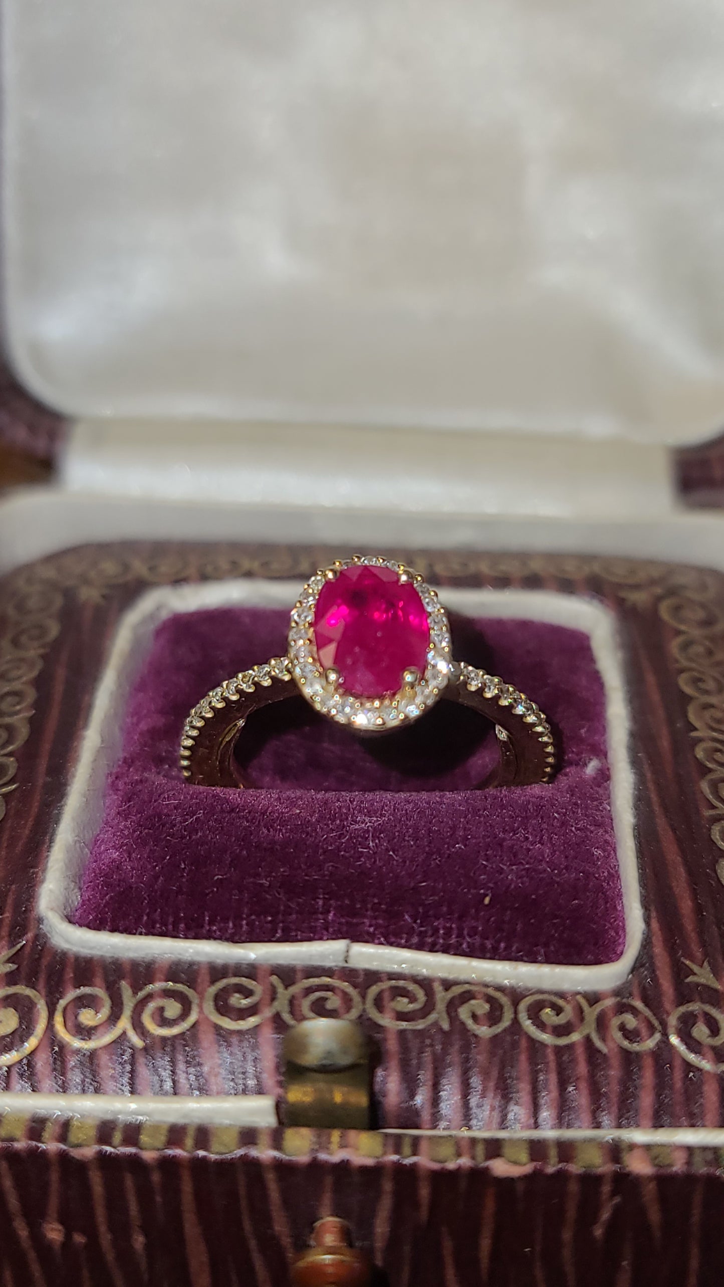Ruby and Diamond Halo Ring, 14K Yellow Gold, size 5.5 US with Sizer