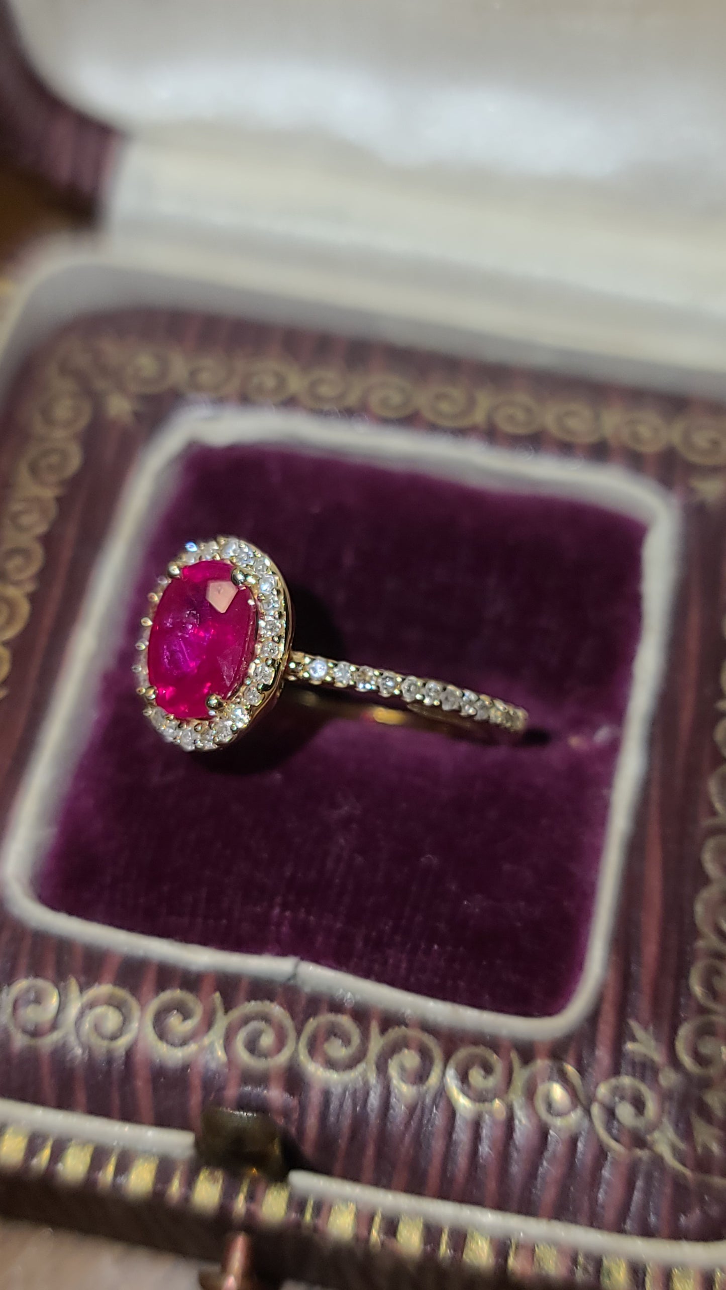 Ruby and Diamond Halo Ring, 14K Yellow Gold, size 5.5 US with Sizer