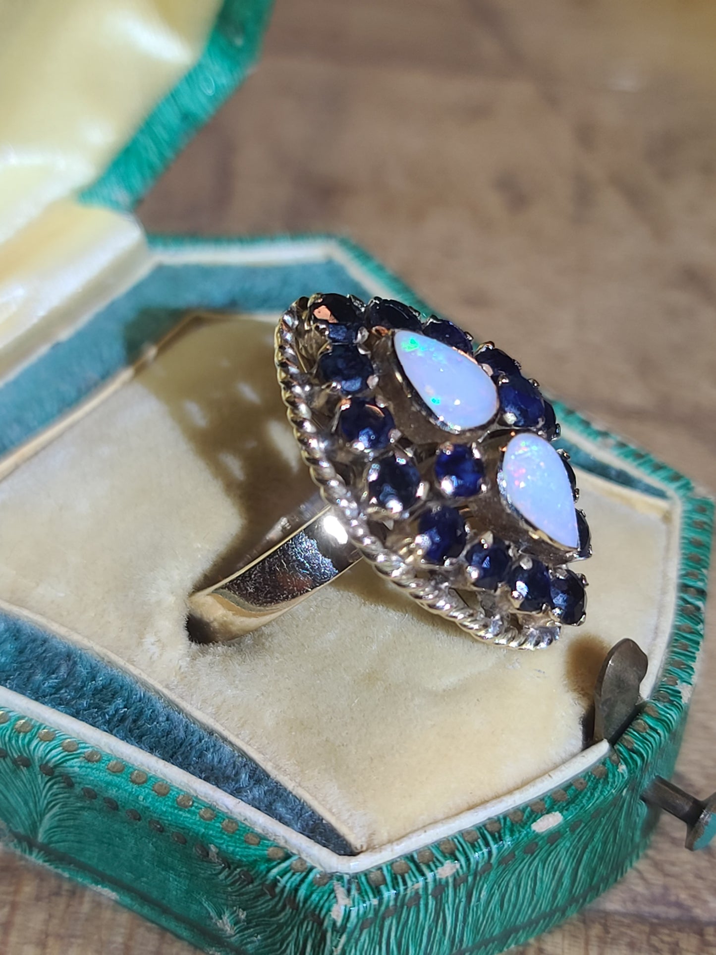 Vintage Estate Sapphire and Opal Cocktail Ring, 18K Yellow Gold, Size 6