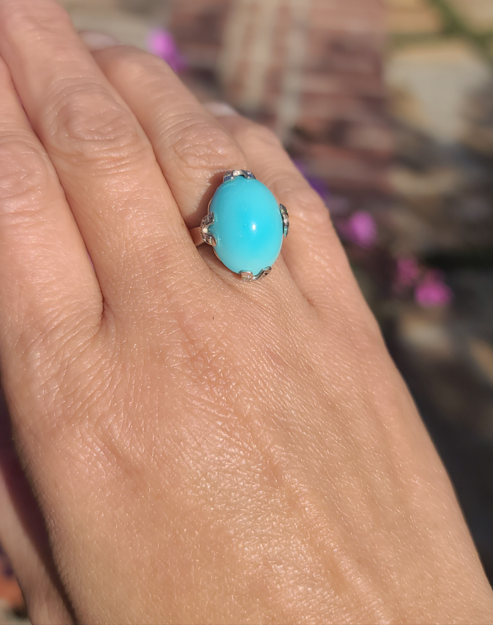 18K White Gold Turquoise Ring, Double Prongs, Diamond Accents, size 6.25