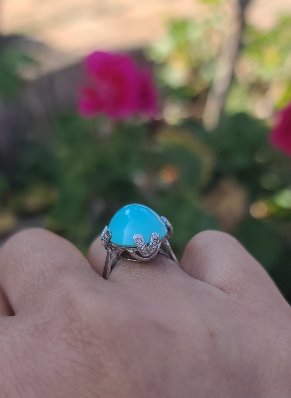 18K White Gold Turquoise Ring, Double Prongs, Diamond Accents, size 6.25