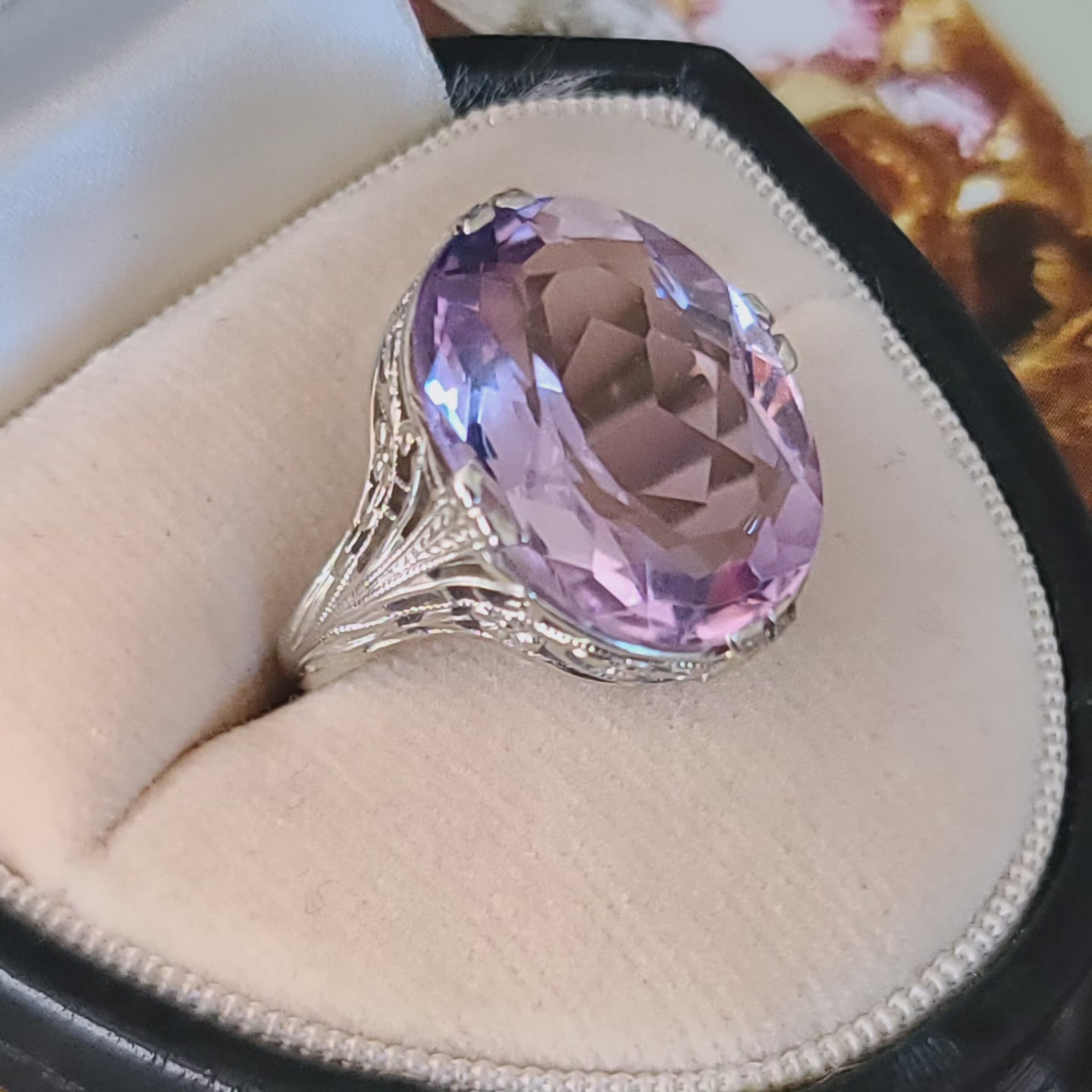 Art Deco Rose De France Amethyst Ring, 14K White Gold, size 6 US