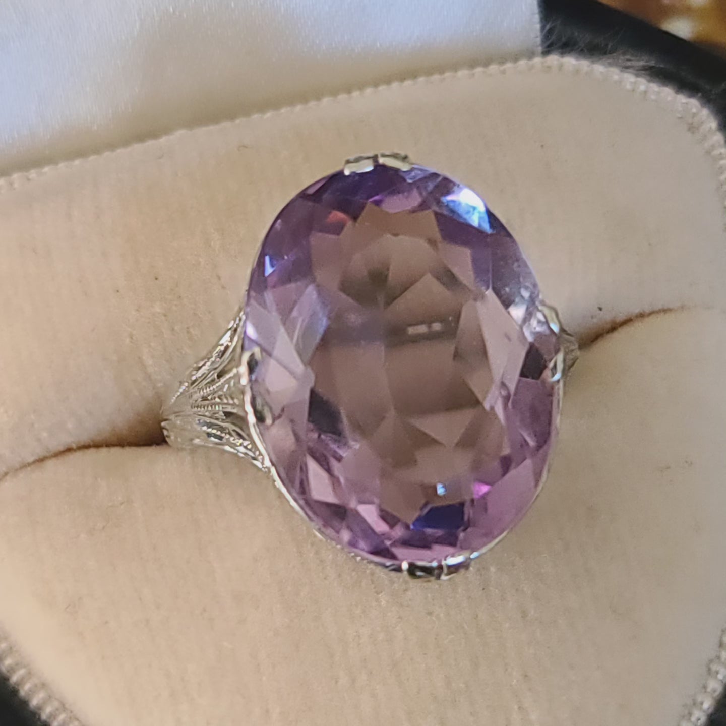 Art Deco Rose De France Amethyst Ring, 14K White Gold, size 6 US
