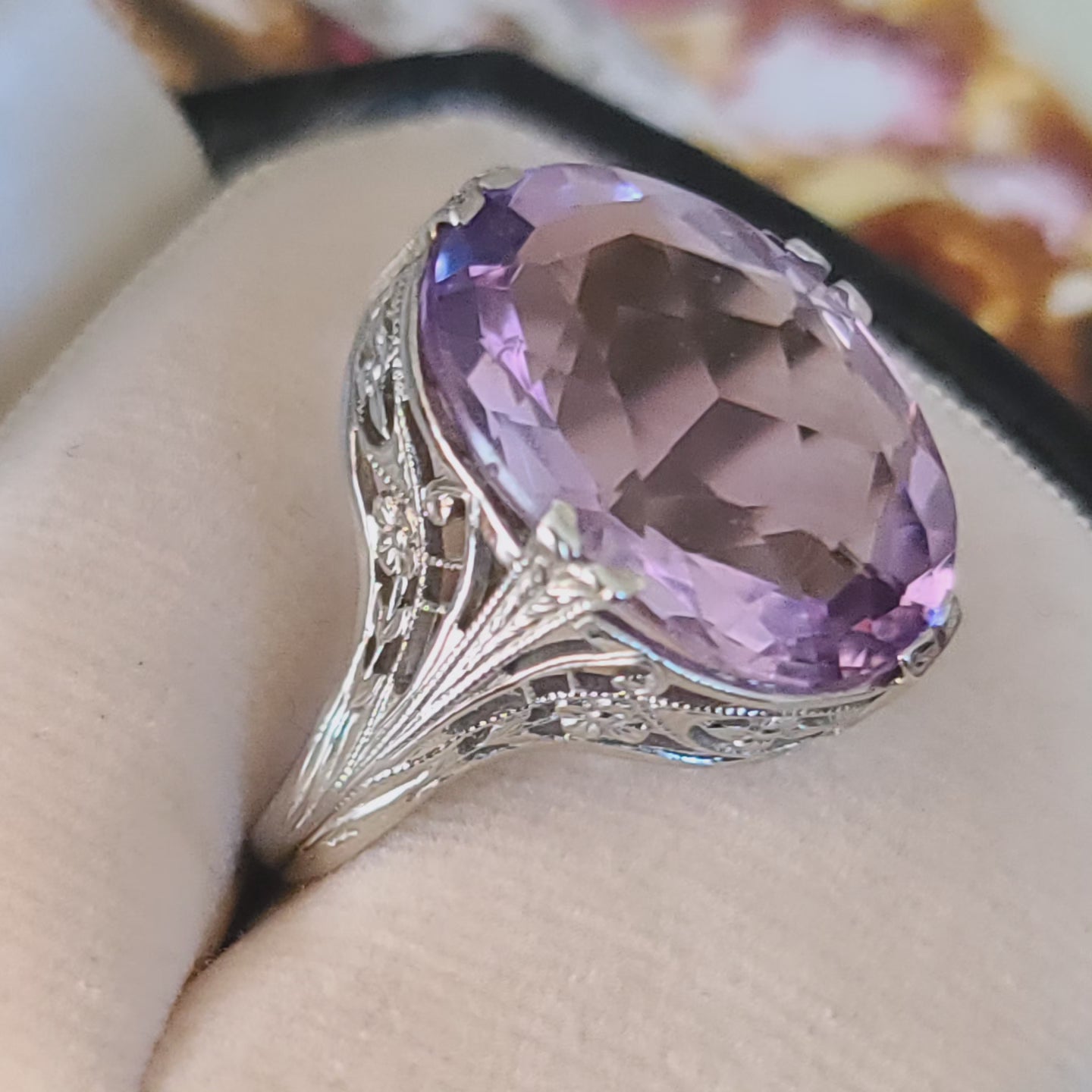 Art Deco Rose De France Amethyst Ring, 14K White Gold, size 6 US