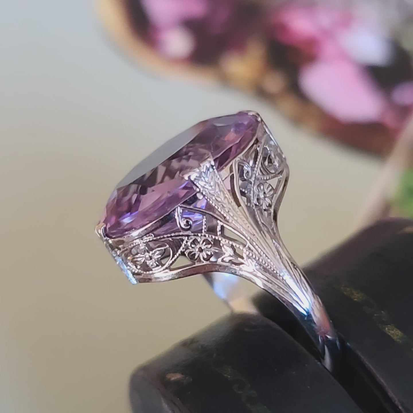 Art Deco Rose De France Amethyst Ring, 14K White Gold, size 6 US