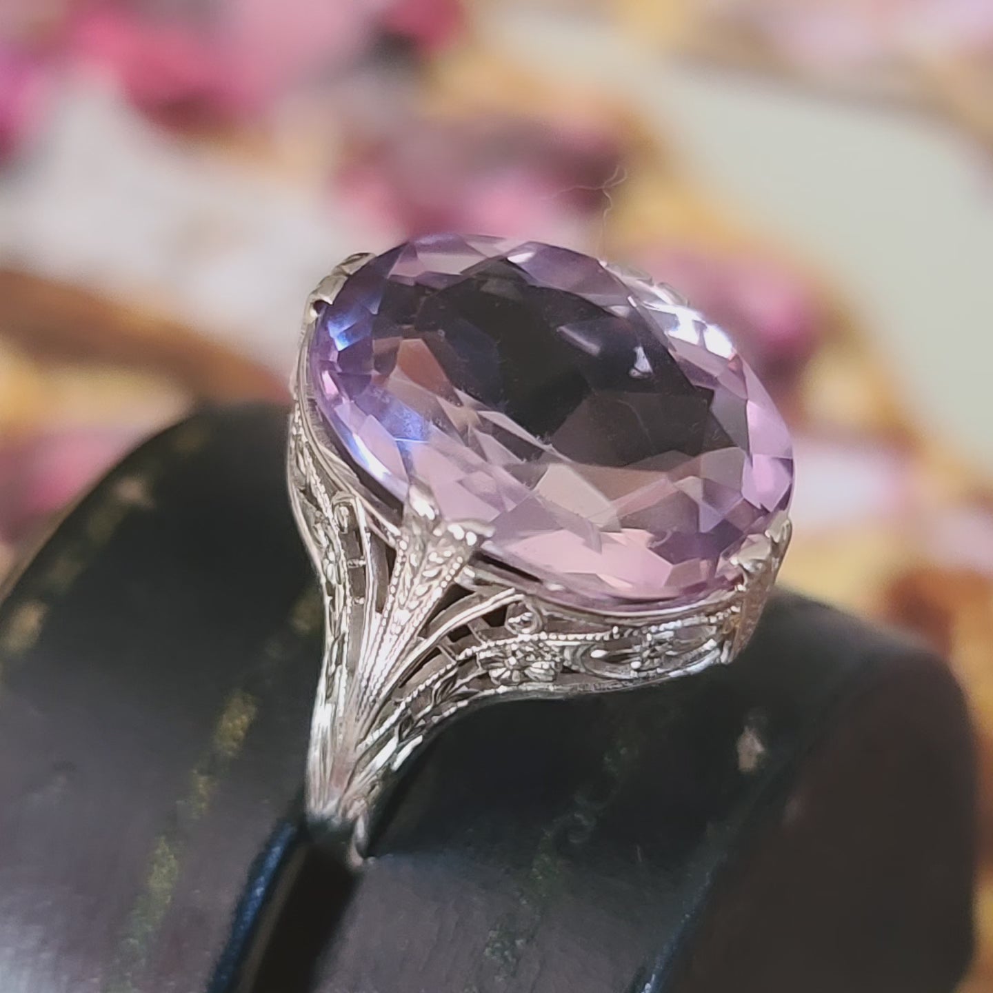 Art Deco Rose De France Amethyst Ring, 14K White Gold, size 6 US
