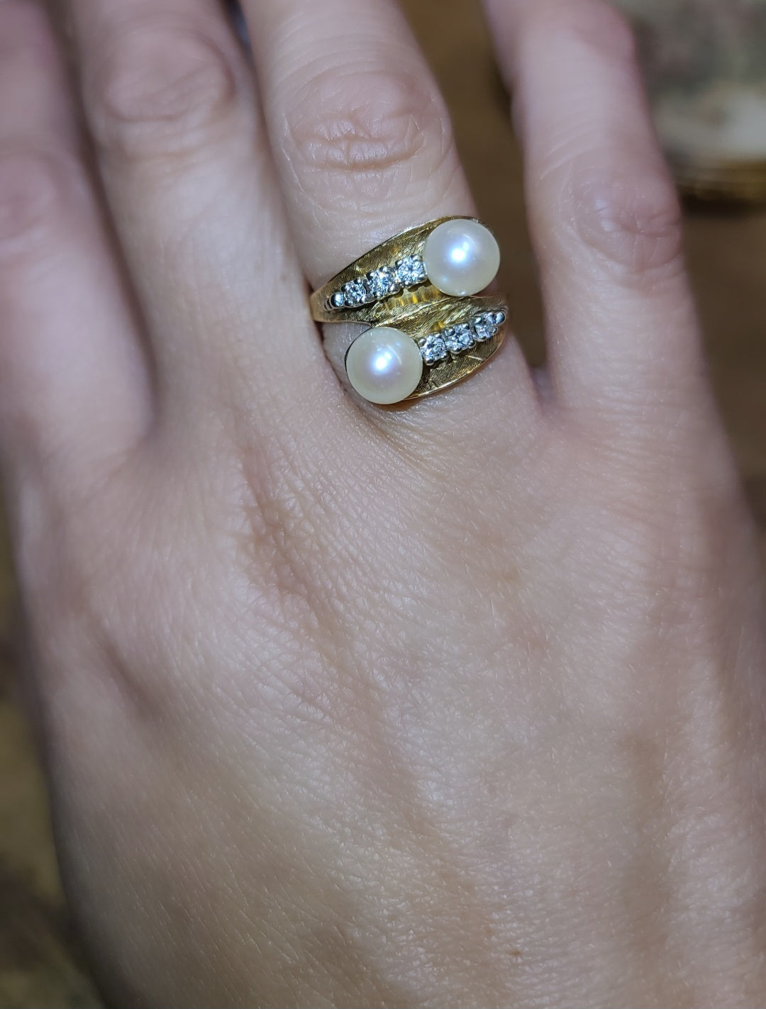 Vintage 14K Gold Toi et Moi Pearl and Diamond Ring, size 7