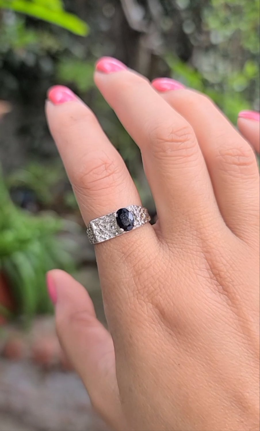 Sterling Silver Nugget Style Unisex Ring with Natural Sapphire, size 9 US