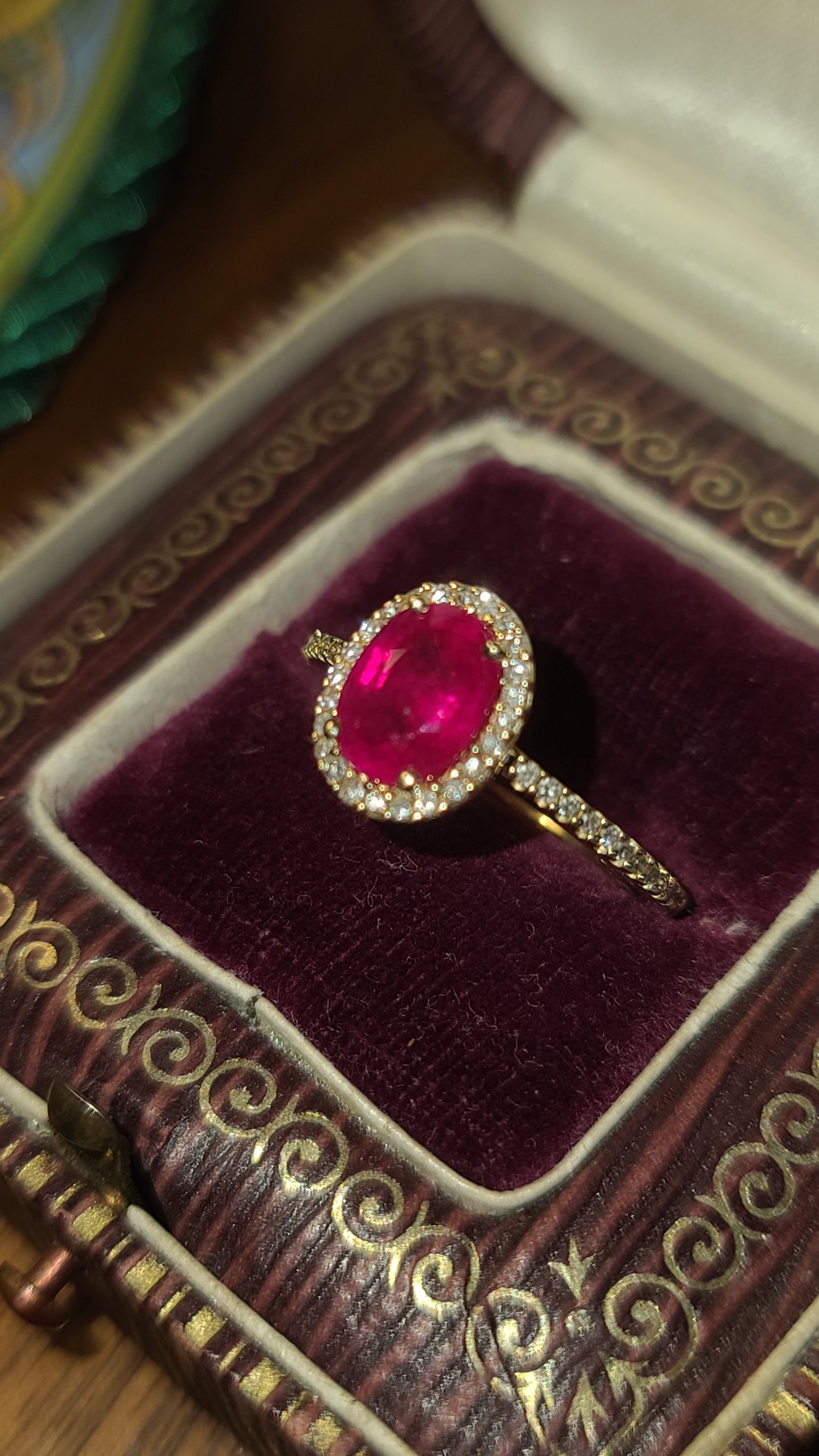 Ruby and Diamond Halo Ring, 14K Yellow Gold, size 5.5 US with Sizer