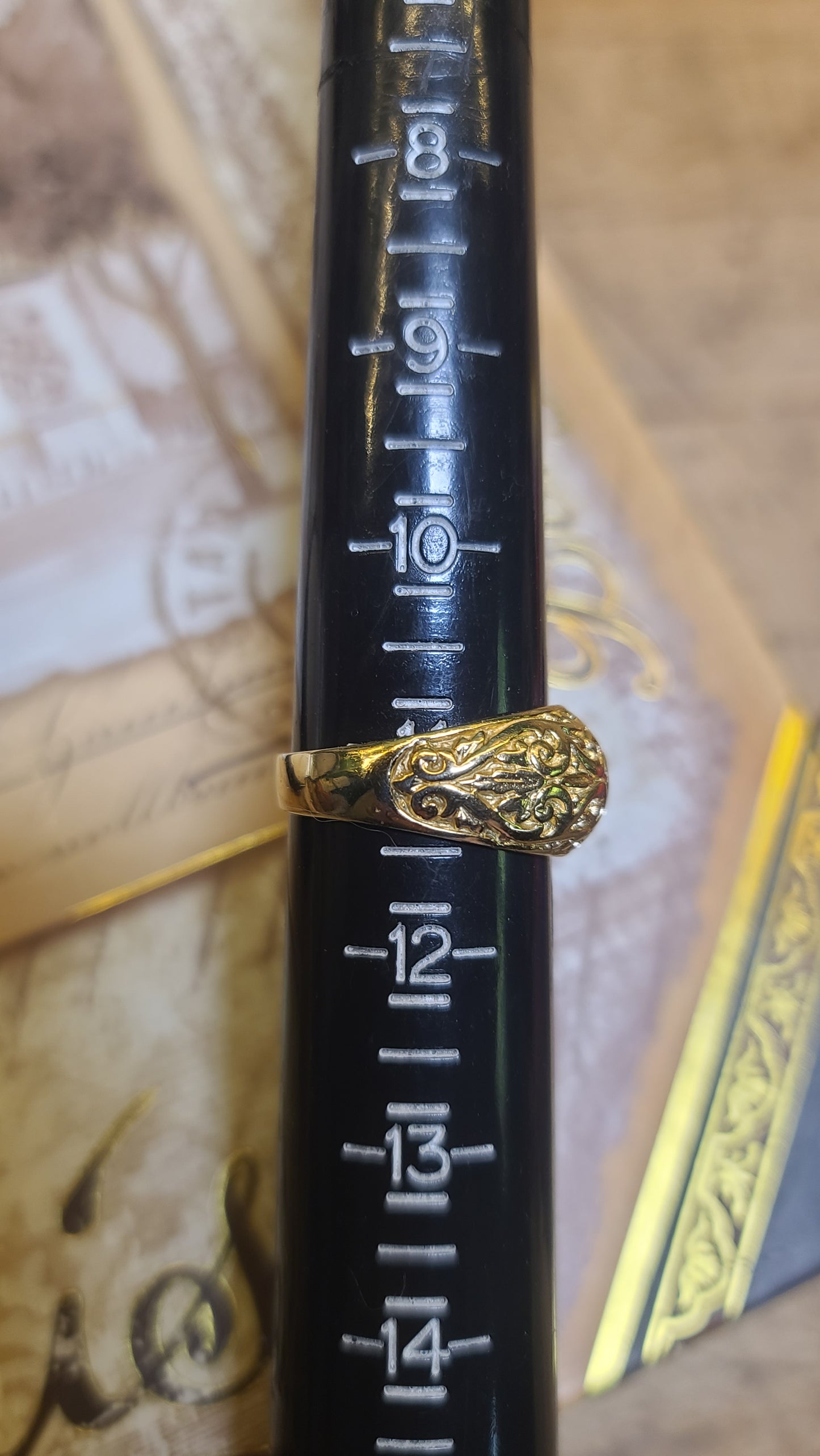 14K Yellow Gold Handcrafted Tooled Ring with Diamonds, Exceptional Details, size 11 US