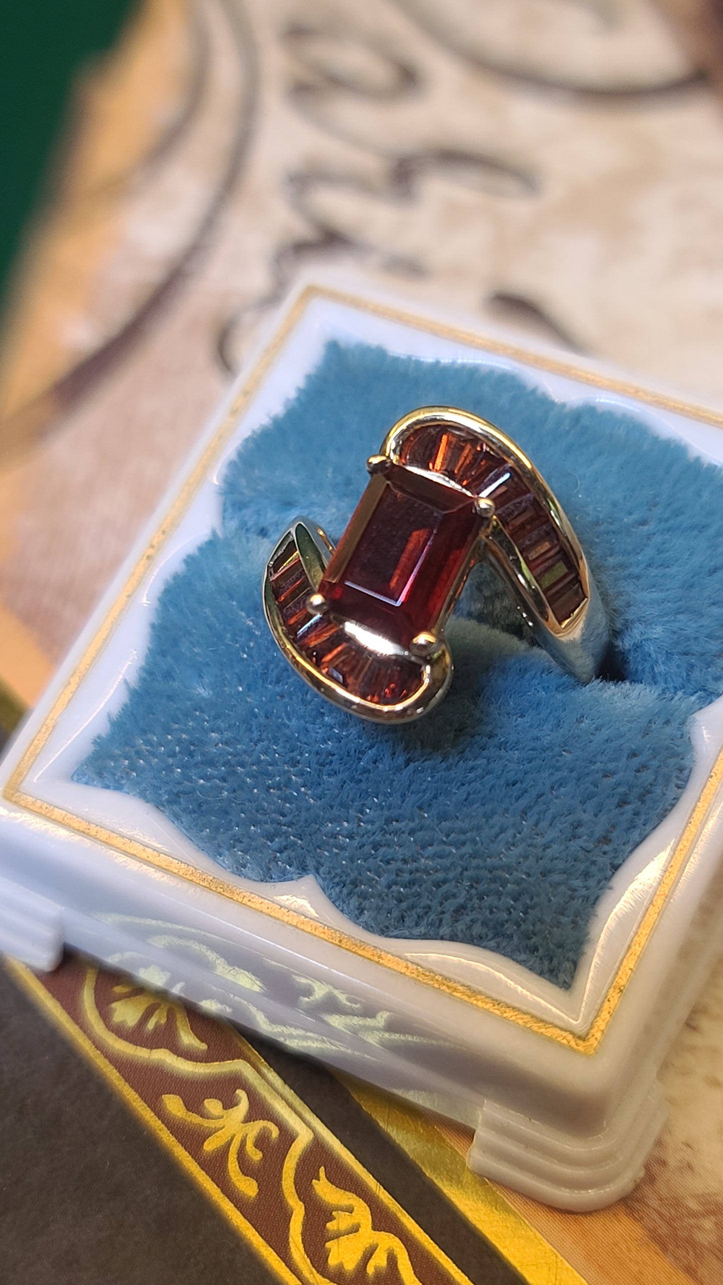 Emerald Cut Garnet Turbillion Style Garnet Ring, 10K Gold, size 5.25 US