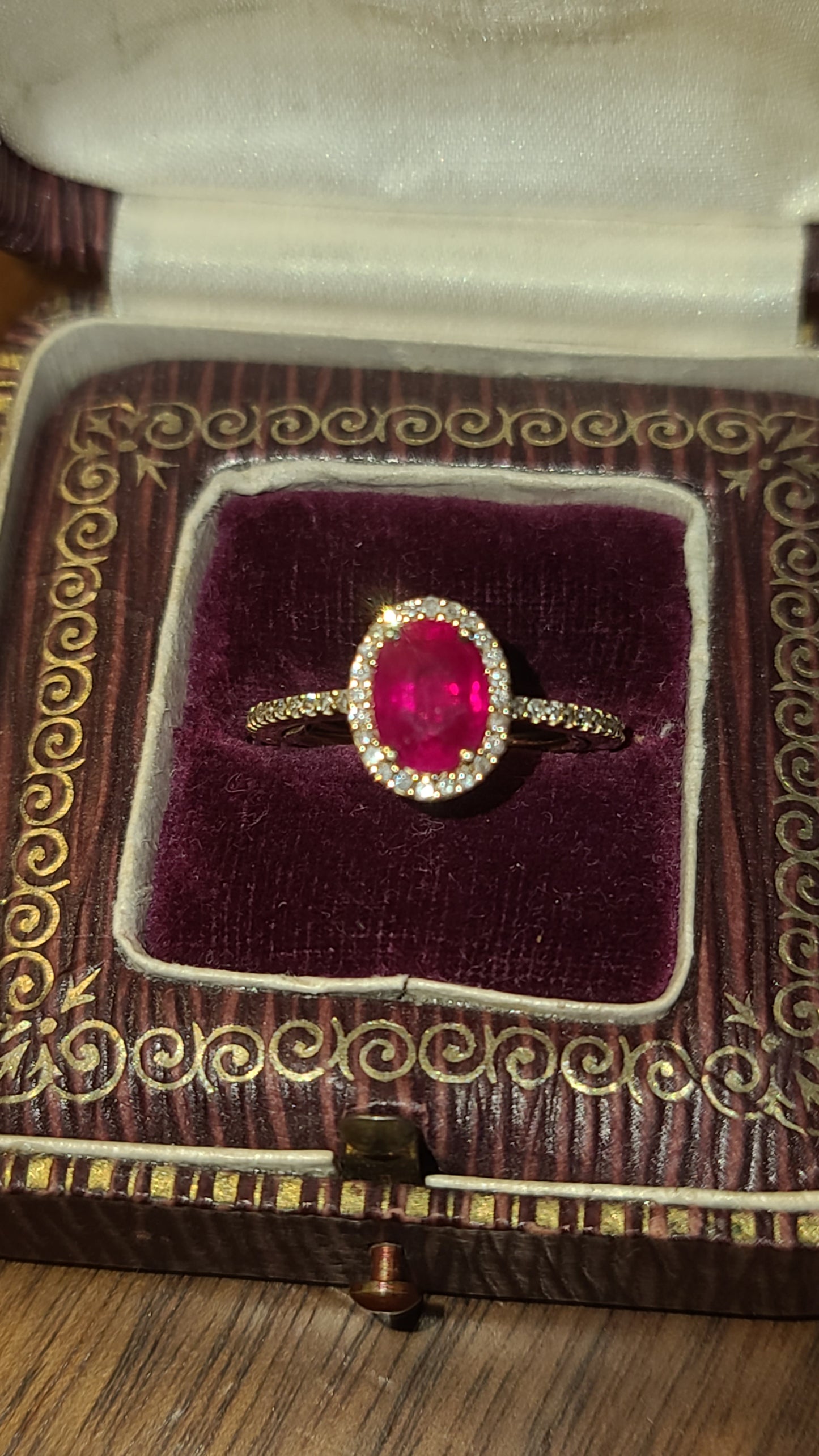 Ruby and Diamond Halo Ring, 14K Yellow Gold, size 5.5 US with Sizer