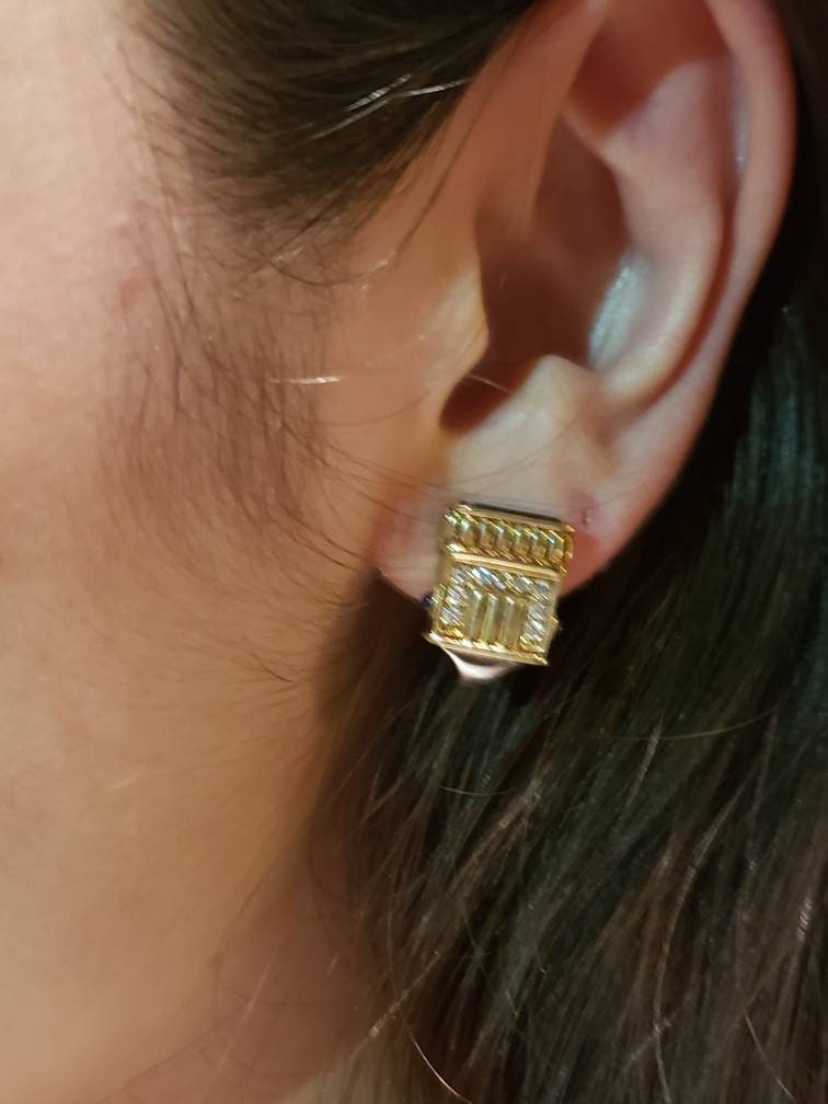Rare Estate Lagos Caviar Diamond and Sapphire Earrings in 18k Yellow Gold and 925 Sterling Silver, Omega clip and post