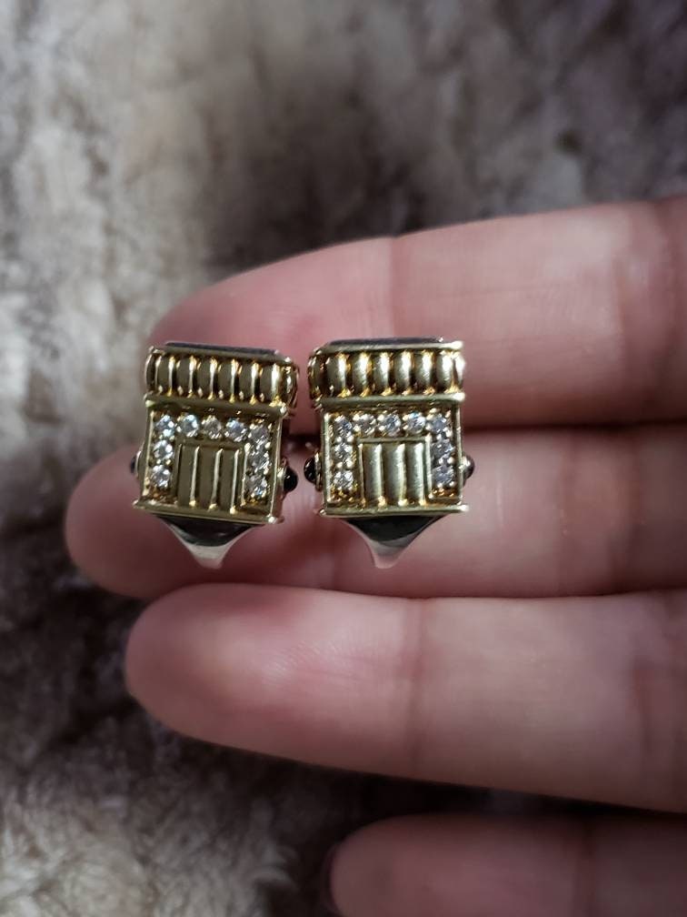 Rare Estate Lagos Caviar Diamond and Sapphire Earrings in 18k Yellow Gold and 925 Sterling Silver, Omega clip and post