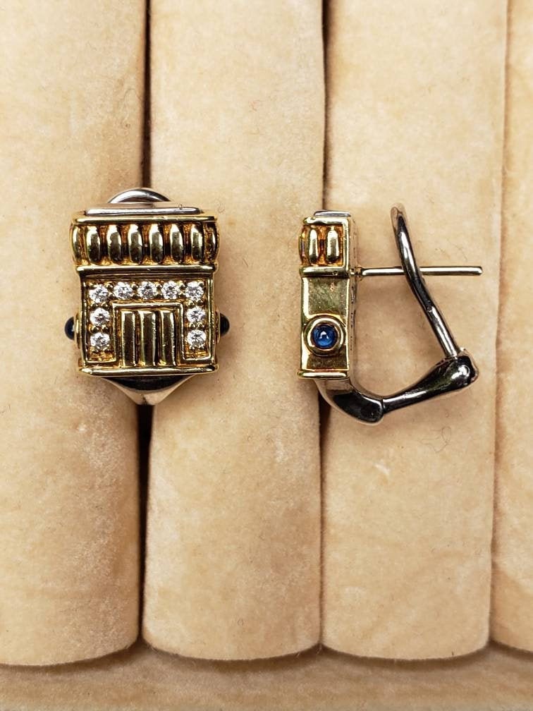 Rare Estate Lagos Caviar Diamond and Sapphire Earrings in 18k Yellow Gold and 925 Sterling Silver, Omega clip and post