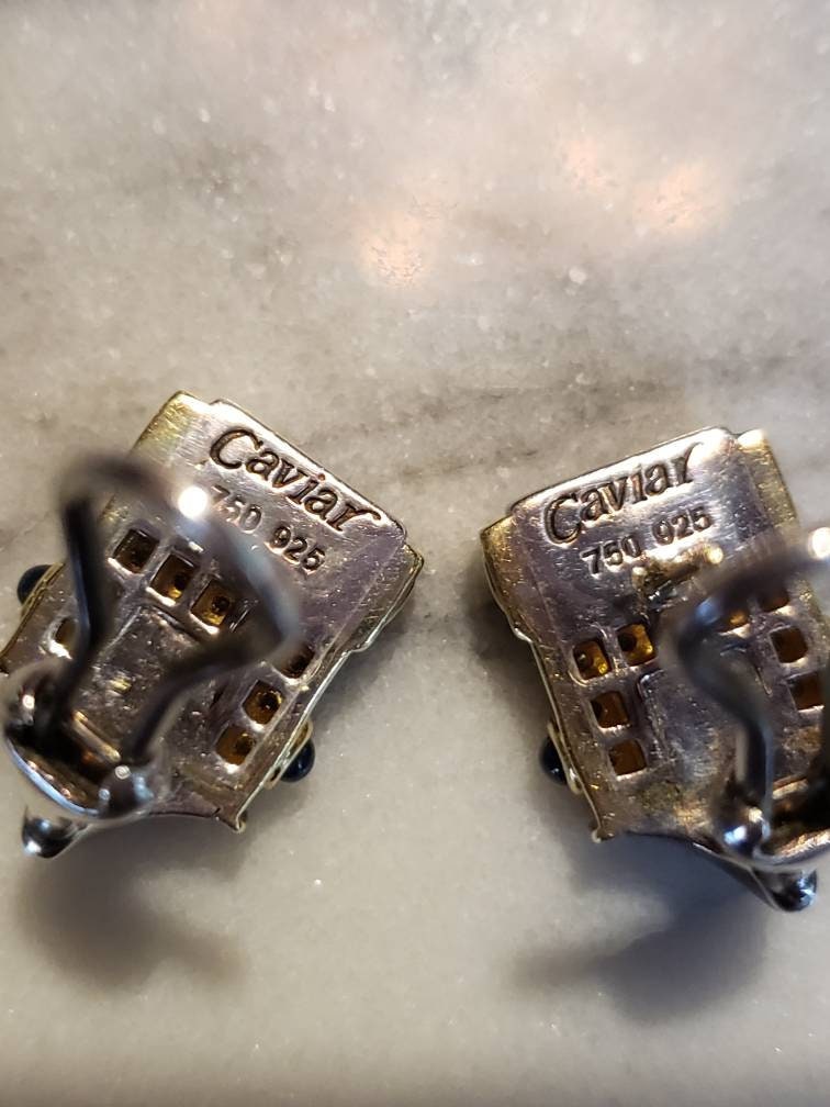 Rare Estate Lagos Caviar Diamond and Sapphire Earrings in 18k Yellow Gold and 925 Sterling Silver, Omega clip and post
