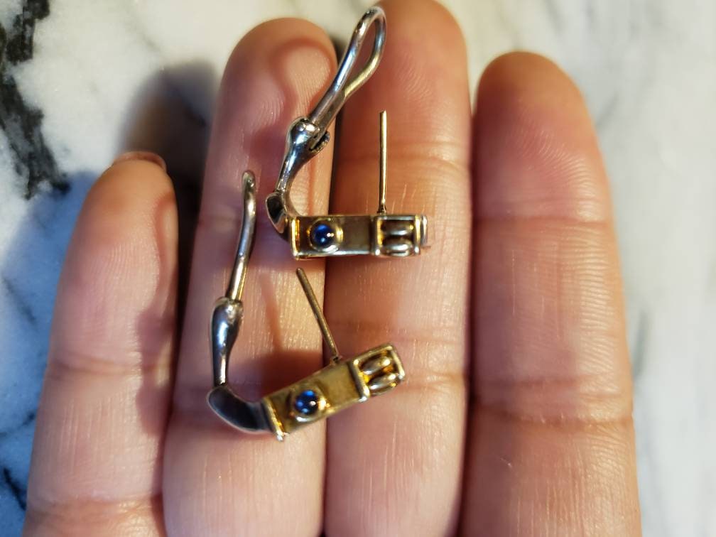 Rare Estate Lagos Caviar Diamond and Sapphire Earrings in 18k Yellow Gold and 925 Sterling Silver, Omega clip and post