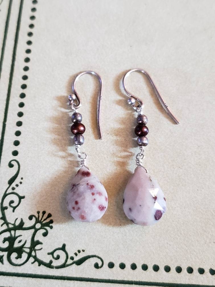 Polka Dot Agate and Seed Pearl Sterling Silver Earrings, Drop Earrings, Dangle Earrings, Natural Gemstone Earrings