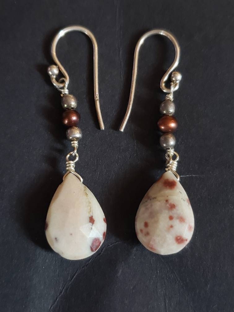 Polka Dot Agate and Seed Pearl Sterling Silver Earrings, Drop Earrings, Dangle Earrings, Natural Gemstone Earrings