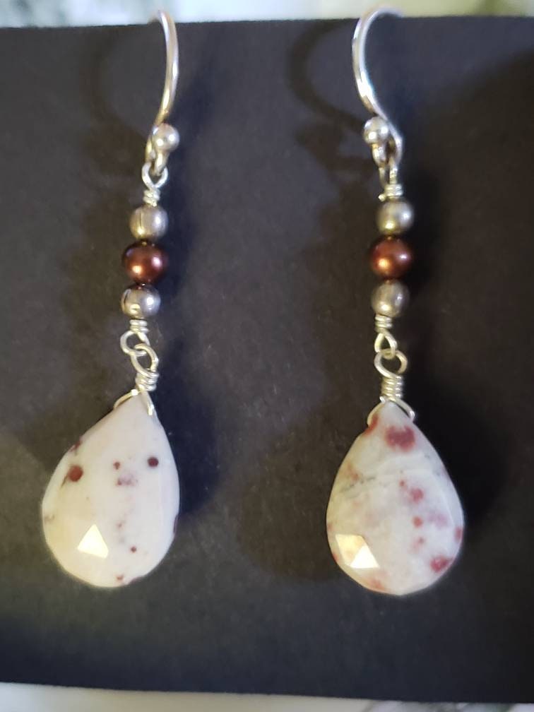 Polka Dot Agate and Seed Pearl Sterling Silver Earrings, Drop Earrings, Dangle Earrings, Natural Gemstone Earrings