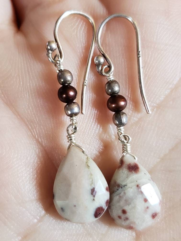 Polka Dot Agate and Seed Pearl Sterling Silver Earrings, Drop Earrings, Dangle Earrings, Natural Gemstone Earrings