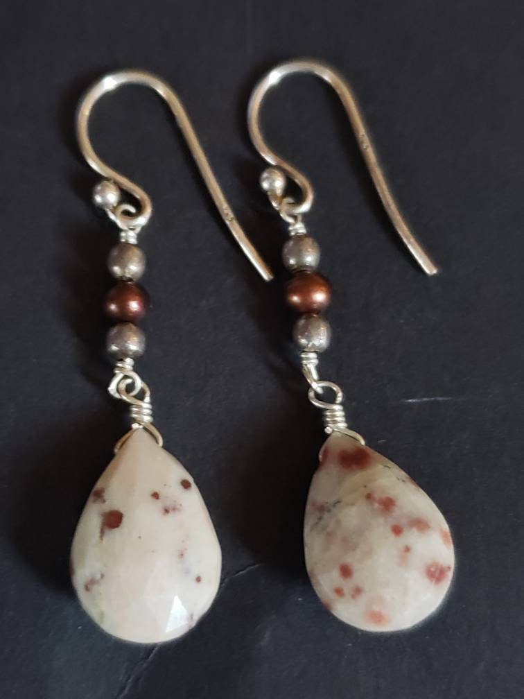 Polka Dot Agate and Seed Pearl Sterling Silver Earrings, Drop Earrings, Dangle Earrings, Natural Gemstone Earrings