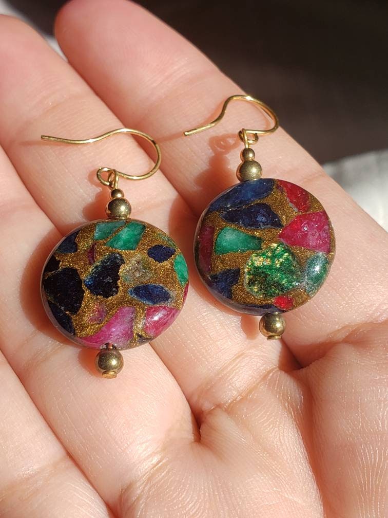 Natural Stone Multicolor Agate and Quartz Brass Earrings, Dangle Earrings, Drop Earrings, Shepards hook