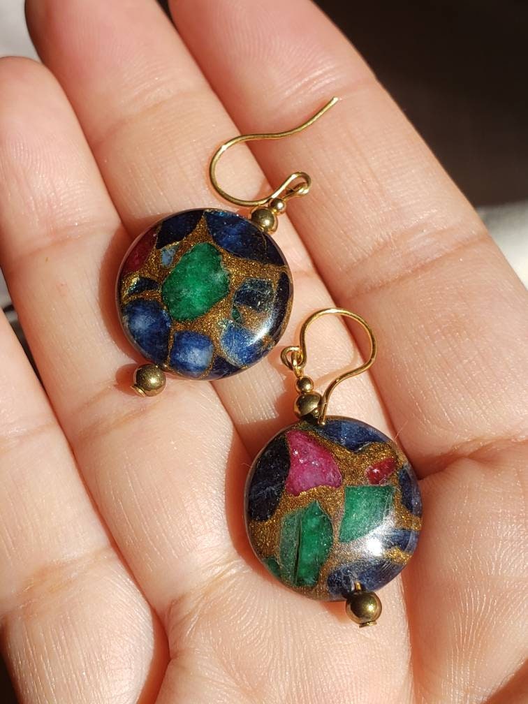 Natural Stone Multicolor Agate and Quartz Brass Earrings, Dangle Earrings, Drop Earrings, Shepards hook