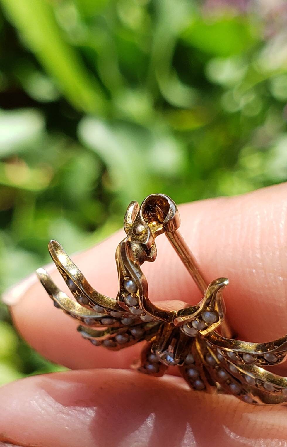 Antique Victorian Star Brooch with Seed Pearls and an Old Cut Diamond, 10k Rose Gold