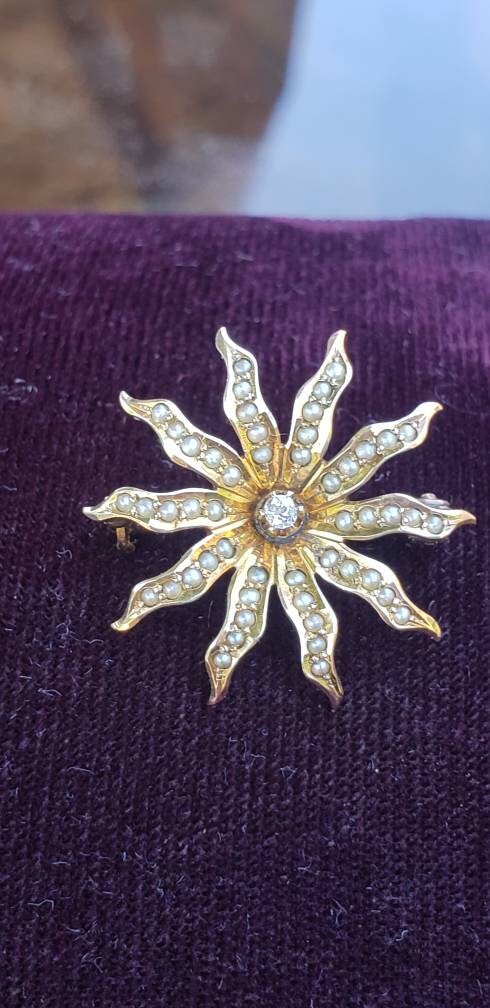 Antique Victorian Star Brooch with Seed Pearls and an Old Cut Diamond, 10k Rose Gold