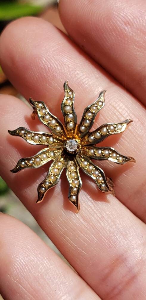 Antique Victorian Star Brooch with Seed Pearls and an Old Cut Diamond, 10k Rose Gold