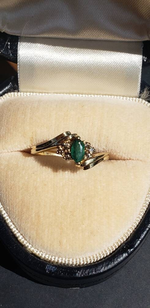 14k Gold Marquis Emerald Ring with Diamond Accents, size 5.75
