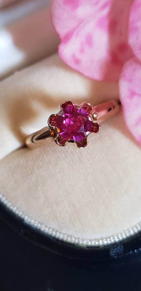 Estate Vintage Russian Soviet Lab Ruby Ring, 14k Rose Gold, size 6
