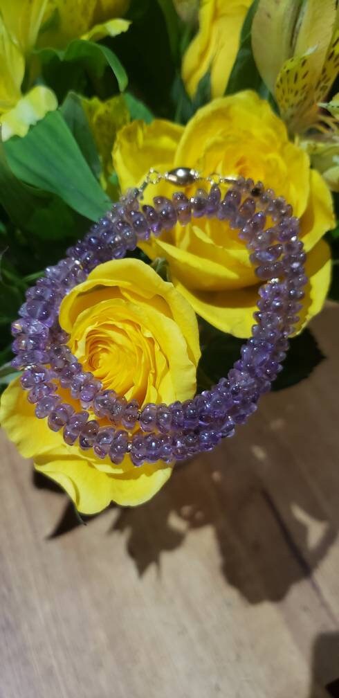 14k Gold Natural Lotus Flower Amethyst Graduated Bead Necklace, 16 inches