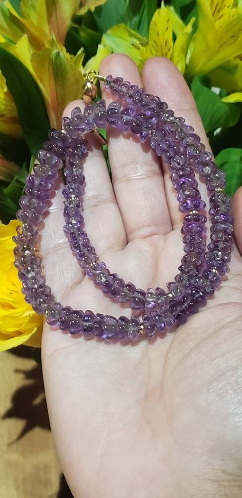 14k Gold Natural Lotus Flower Amethyst Graduated Bead Necklace, 16 inches