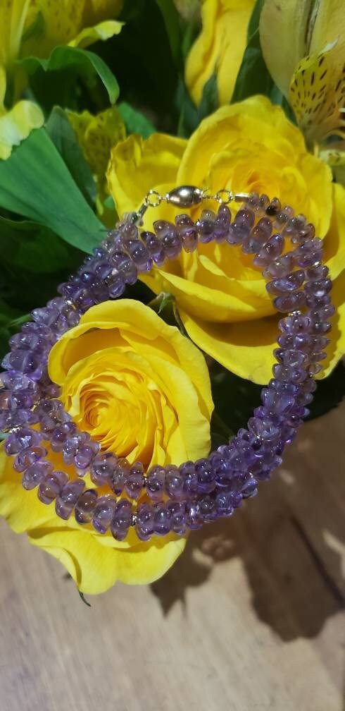 14k Gold Natural Lotus Flower Amethyst Graduated Bead Necklace, 16 inches