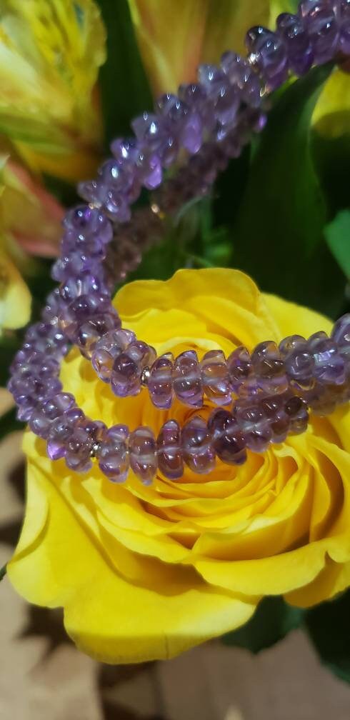 14k Gold Natural Lotus Flower Amethyst Graduated Bead Necklace, 16 inches