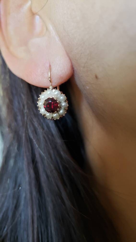 Antique Victorian Garnet and Seed Pearl Earrings, 14K Gold
