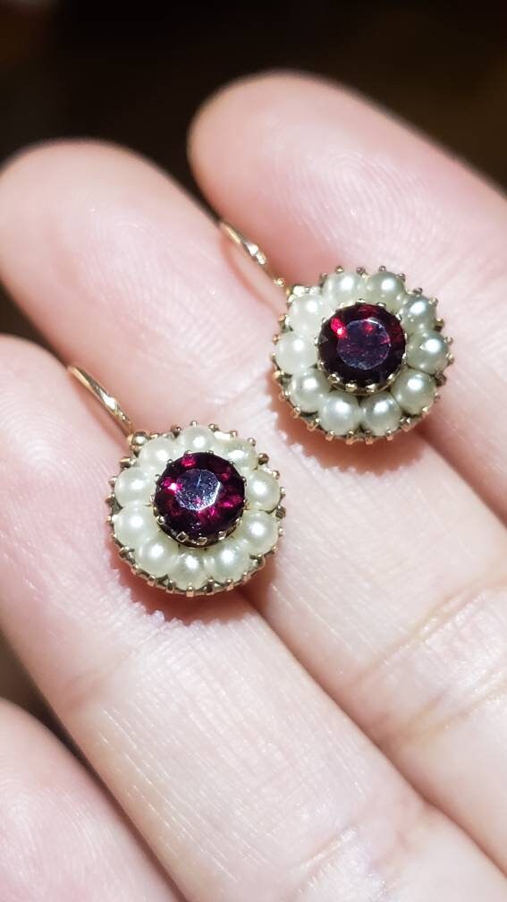 Antique Victorian Garnet and Seed Pearl Earrings, 14K Gold