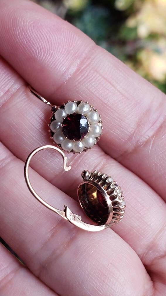 Antique Victorian Garnet and Seed Pearl Earrings, 14K Gold