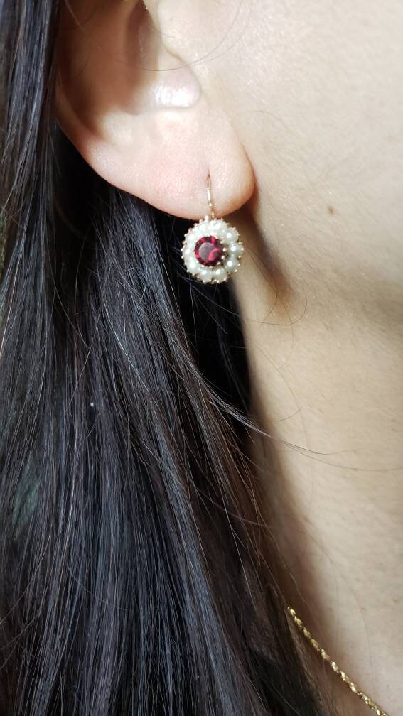 Antique Victorian Garnet and Seed Pearl Earrings, 14K Gold