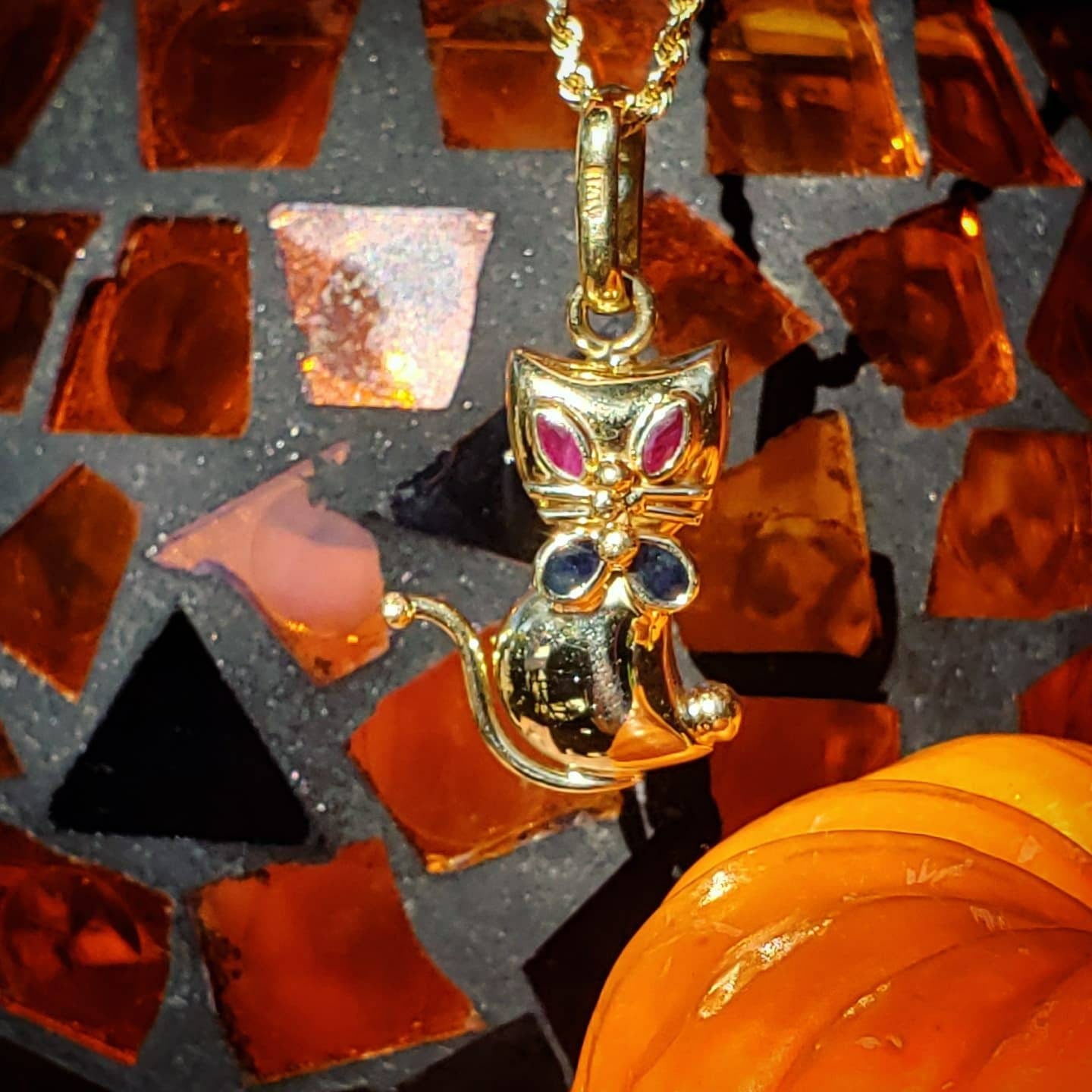 14K Kitty Cat Pendant with Ruby Eyes and Sapphire Bow