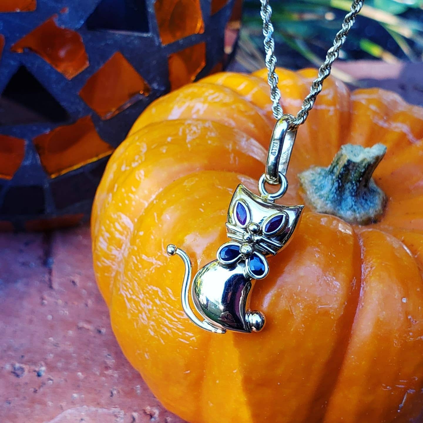14K Kitty Cat Pendant with Ruby Eyes and Sapphire Bow