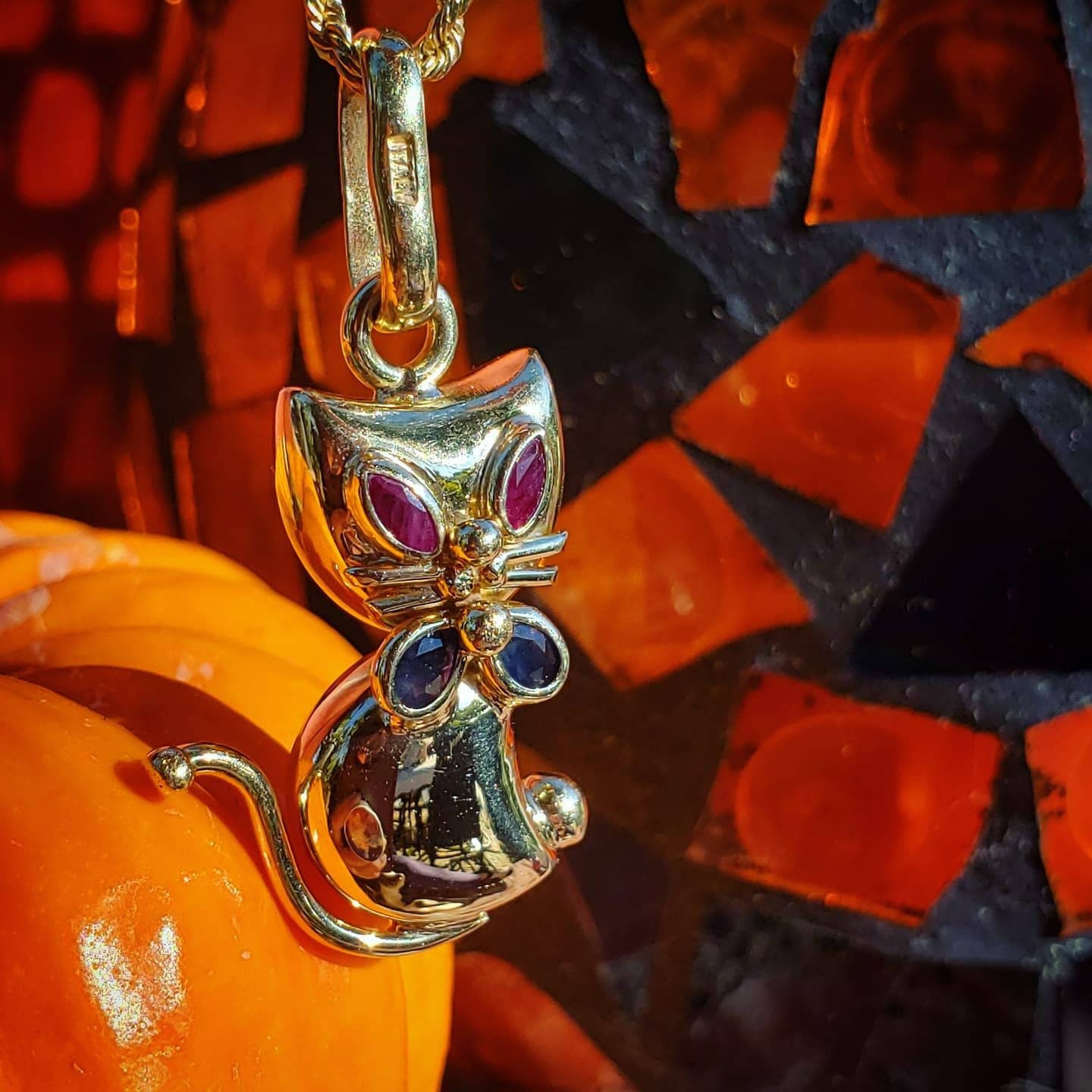 14K Kitty Cat Pendant with Ruby Eyes and Sapphire Bow