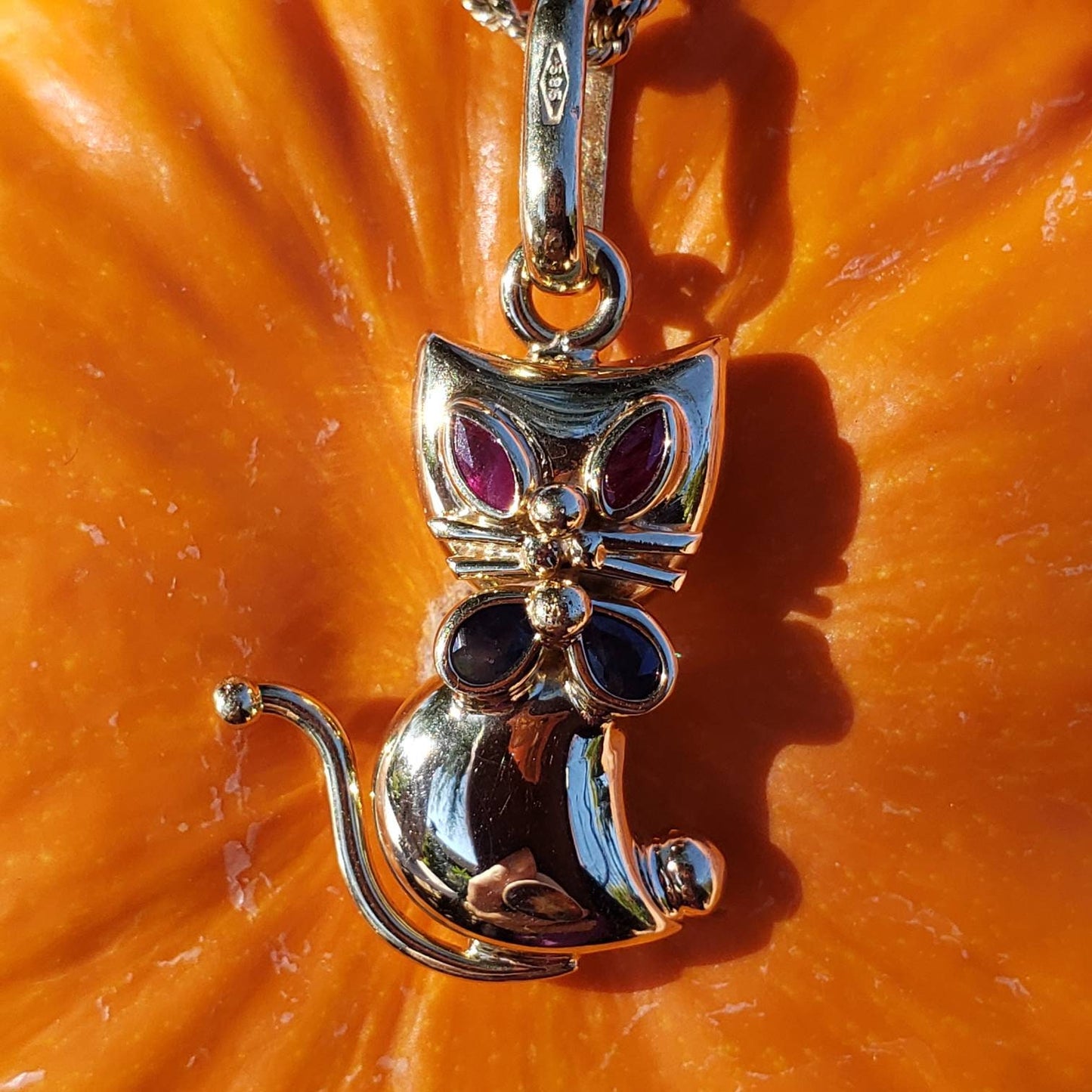 14K Kitty Cat Pendant with Ruby Eyes and Sapphire Bow